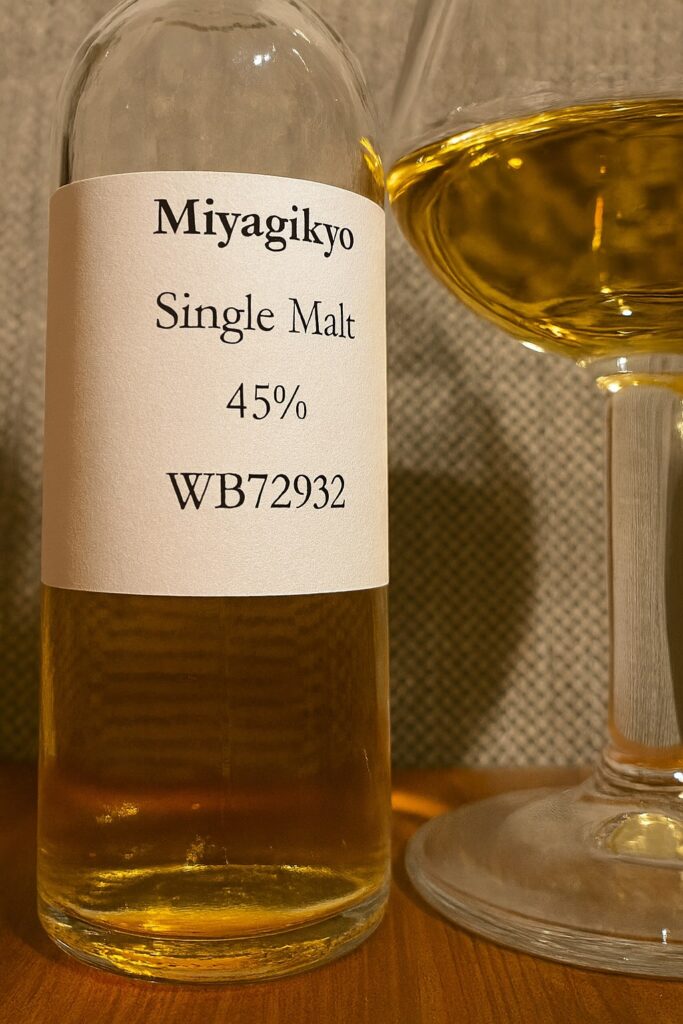 Miyagikyo Single Malt Sample mit goldenem Dram im Glas